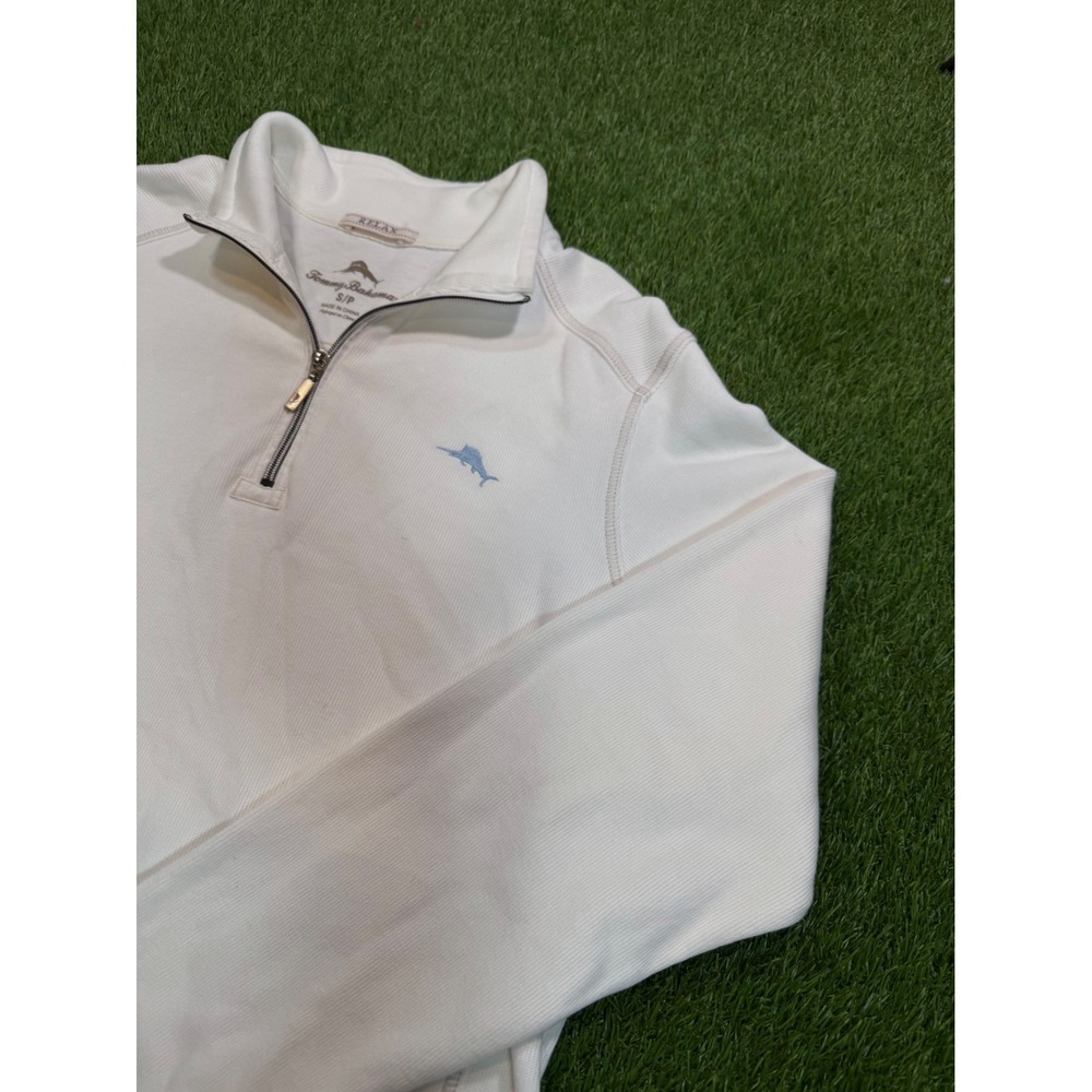 Tommy Bahama Relax Mens Small White Quarter Zip Pullover Ribbed Sweatshirt